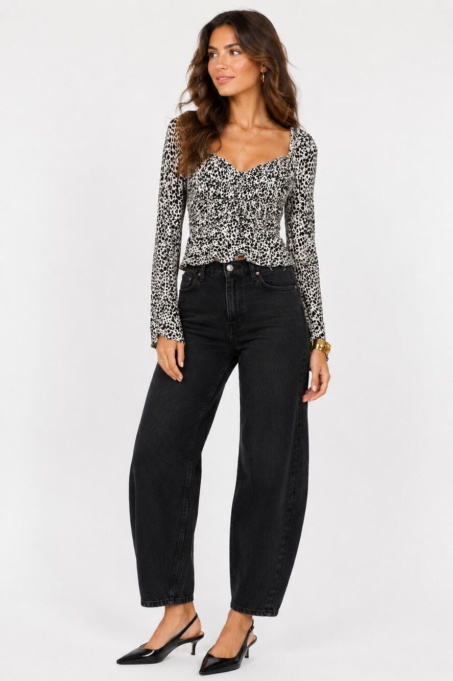 Urban Outfitters Animal Print Smocked Long Sleeve Top M Ruched Tie Back Y2K EUC